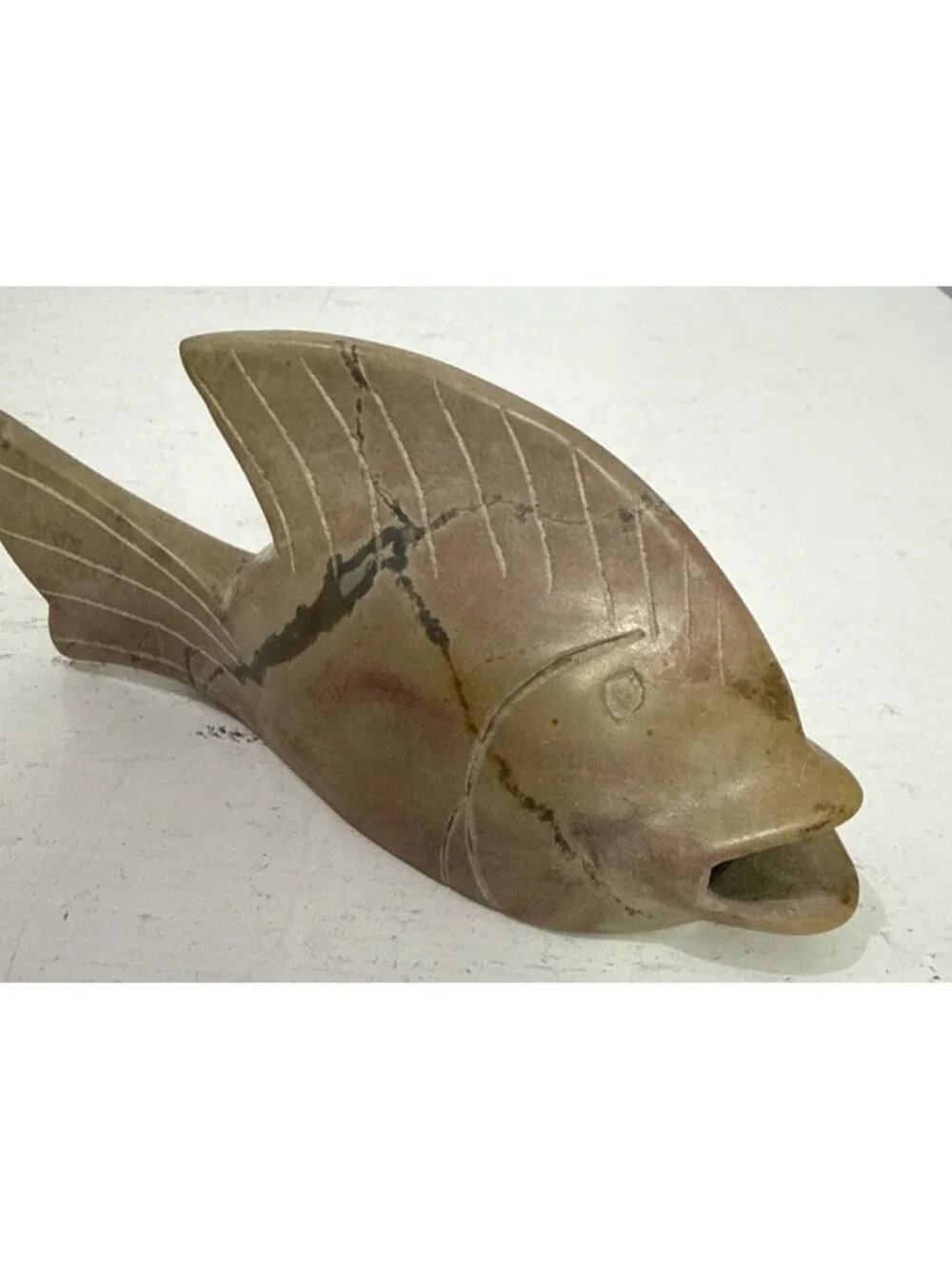 Hand Carved Natural Stone Fish Sculpture Statue Coastal Beach House Decor 4.5